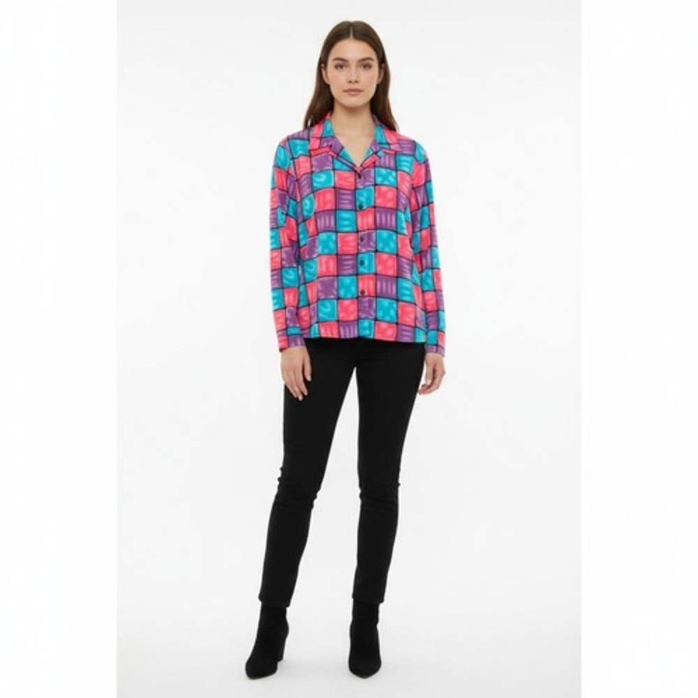 Notations Womens Size XL Colorful Checkered‎ Blouse Button Collared Purple Pink